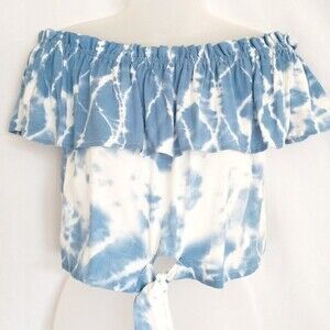 NEW Olive & Grey Size Small Off-Shoulder Tie Dye Front Knot Crop Top Beachy Boho